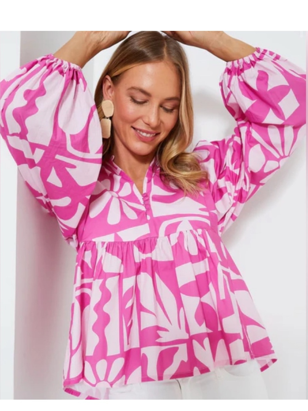 OLIPHANT Pink Twiggy Mandarin Balloon LongSleeve Blouse BOHO Medium 100% cotton